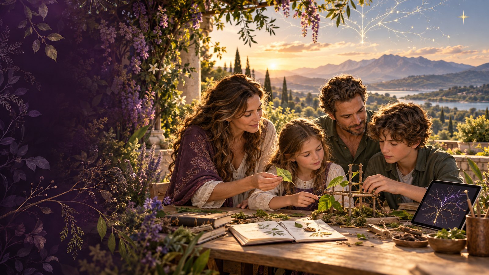A family building and learning together at sunset with books, plants, and an AI tablet