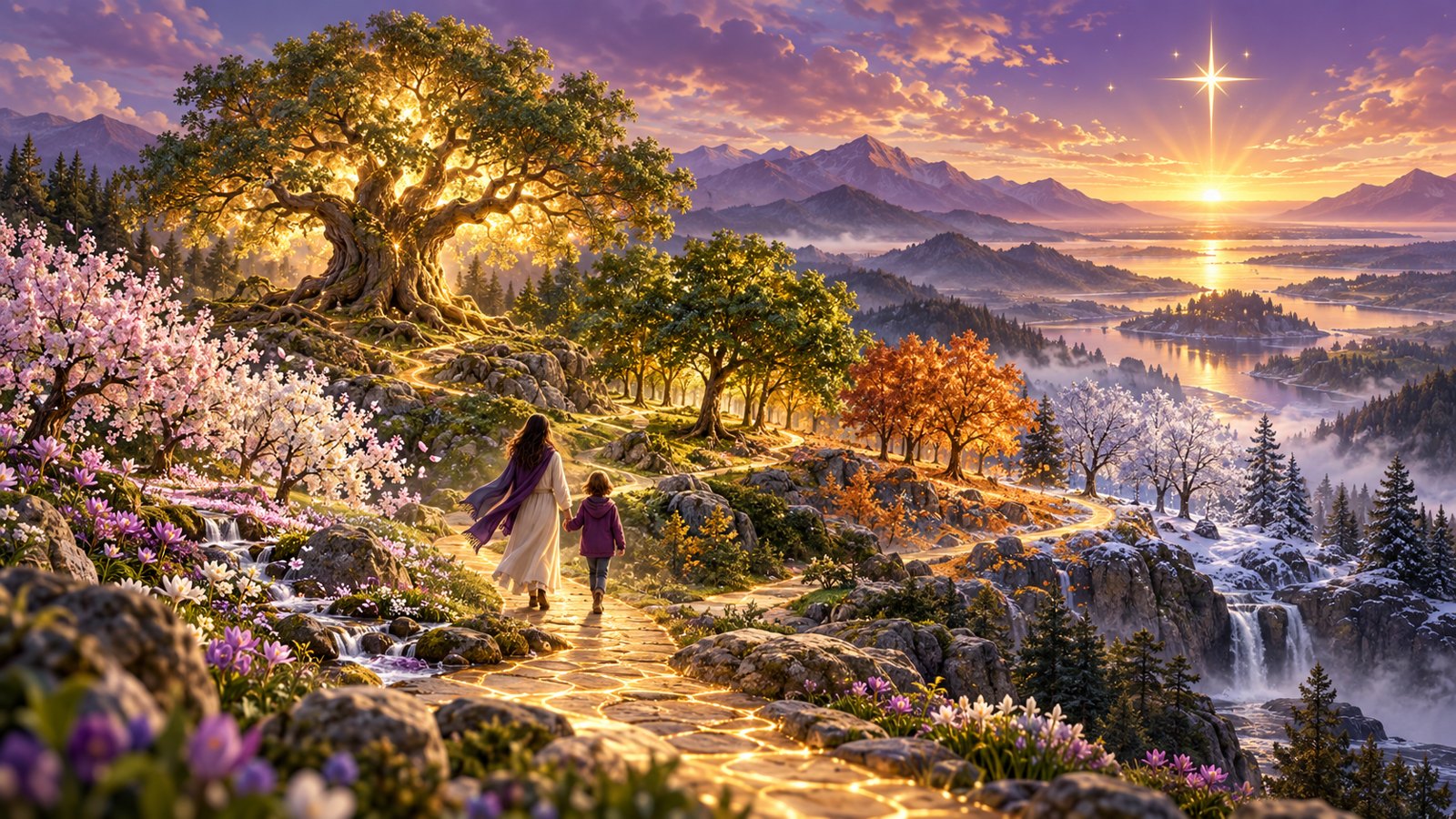 A parent and child walking a glowing path through all four seasons toward the tree of life