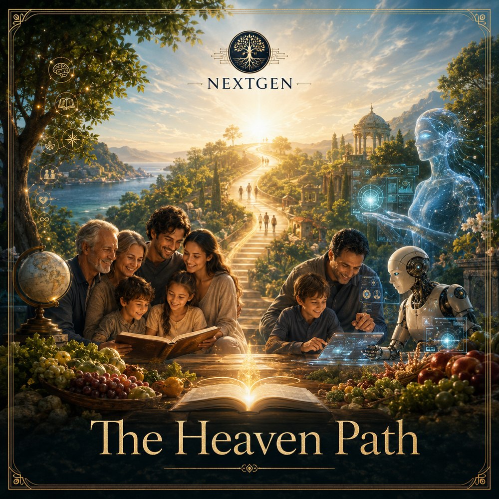 The Heaven Path: a multigenerational family reading together as a luminous path leads toward sunrise, with AI as a benevolent partner