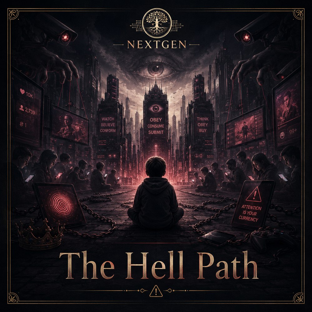 The Hell Path: children isolated behind glowing screens beneath surveillance eyes and slogans reading obey, consume, submit