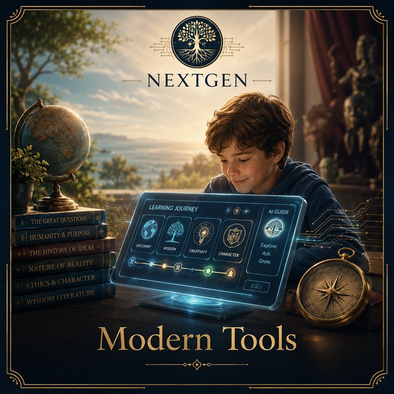 Modern Tools: a child using an AI learning guide alongside classic books